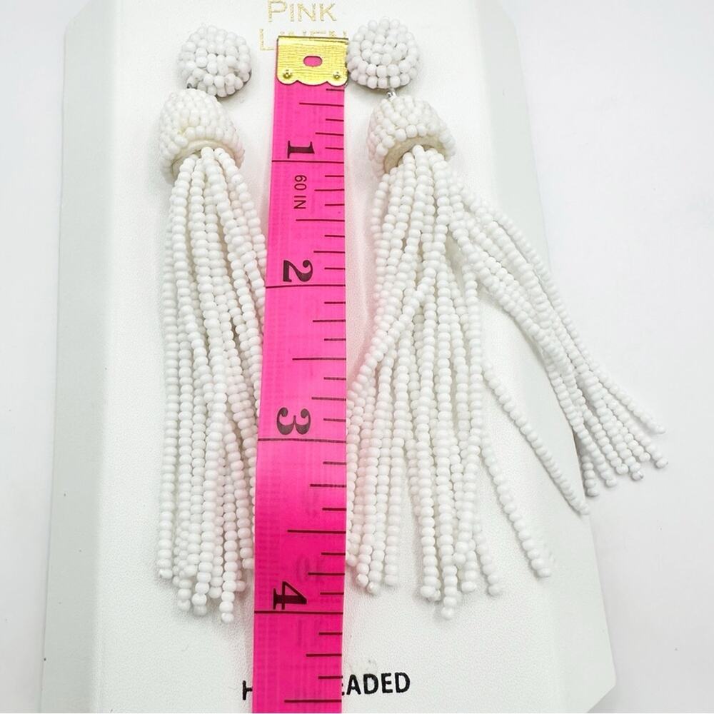 Pink Linen White Tassel Earrings NWT Seed Beads Dangle Jewelry Hand Beaded - Picture 14 of 16